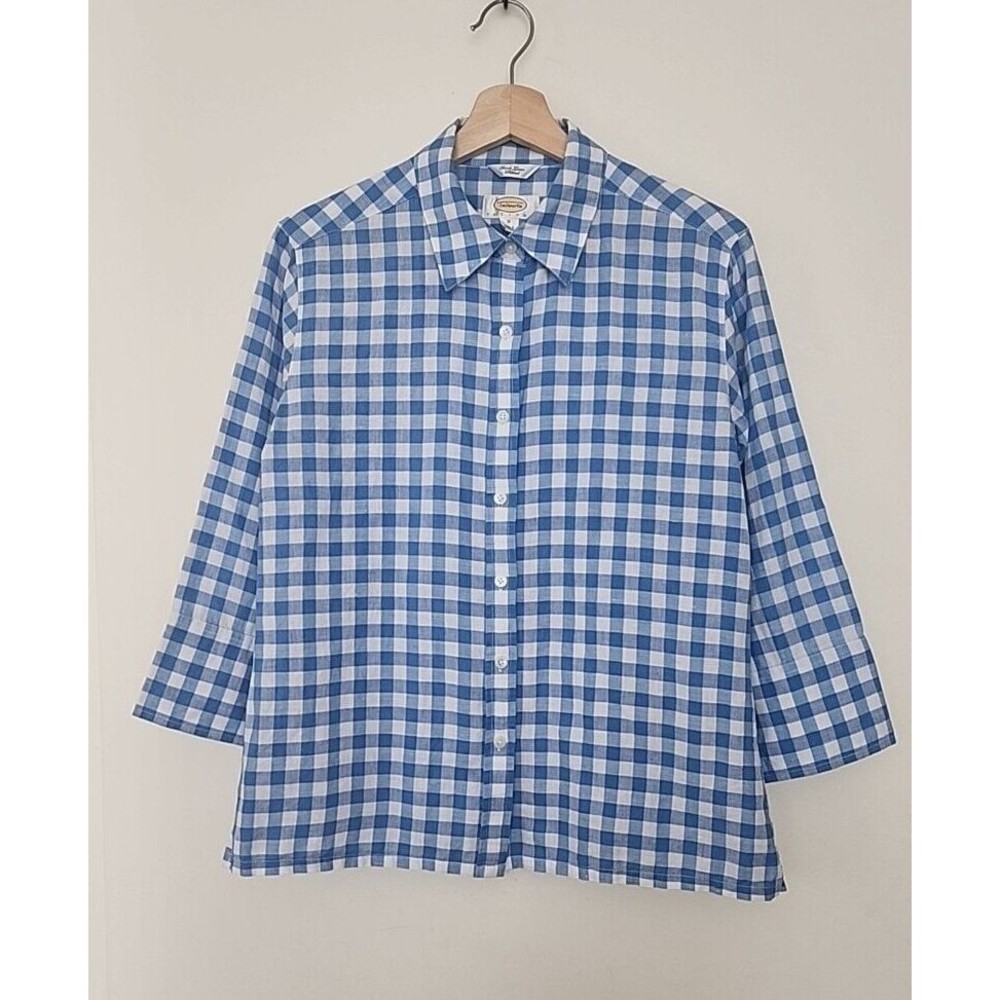 Talbots BLUE WHITE Irish Linen Gingham Petites Shirt Womens SZ MP  3/4 Sleeve